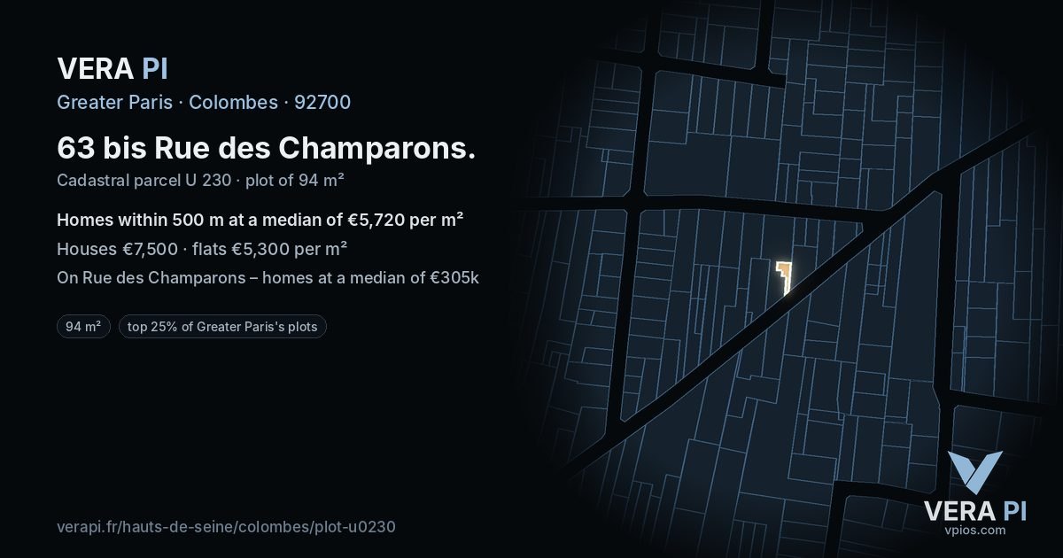 63 bis Rue des Champarons, Colombes at night – the plot lit, the parcels around coloured by the prices near them
