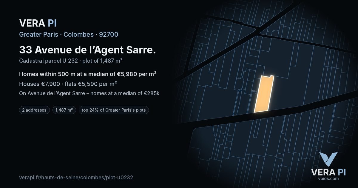 33 Avenue de l’Agent Sarre, Colombes at night – the plot lit, the parcels around coloured by the prices near them