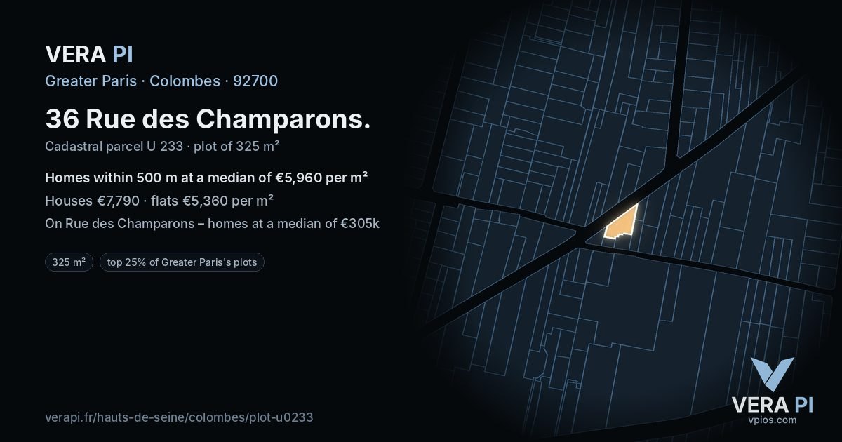 36 Rue des Champarons, Colombes at night – the plot lit, the parcels around coloured by the prices near them