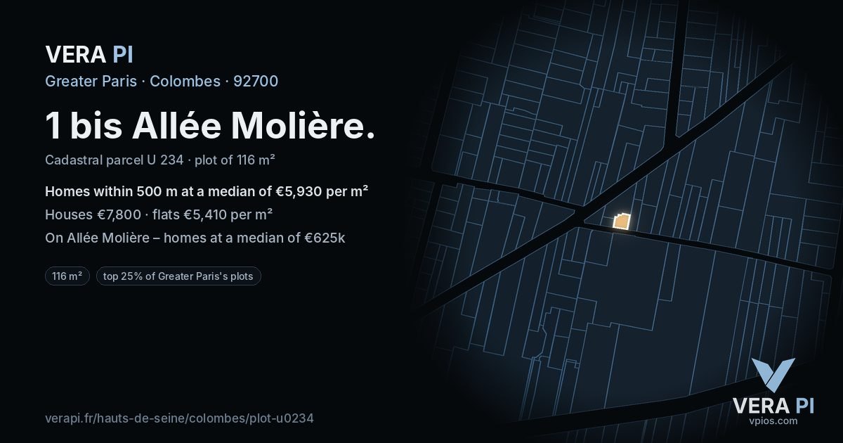 1 bis Allée Molière, Colombes at night – the plot lit, the parcels around coloured by the prices near them