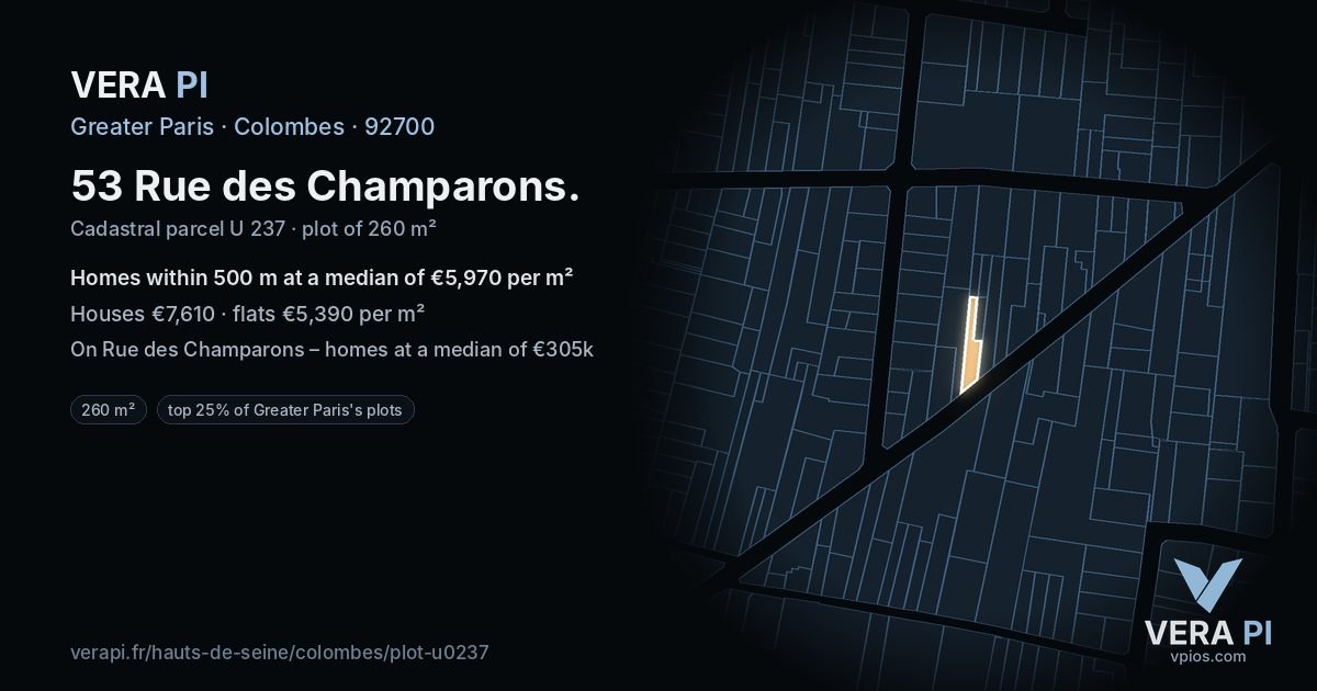53 Rue des Champarons, Colombes at night – the plot lit, the parcels around coloured by the prices near them