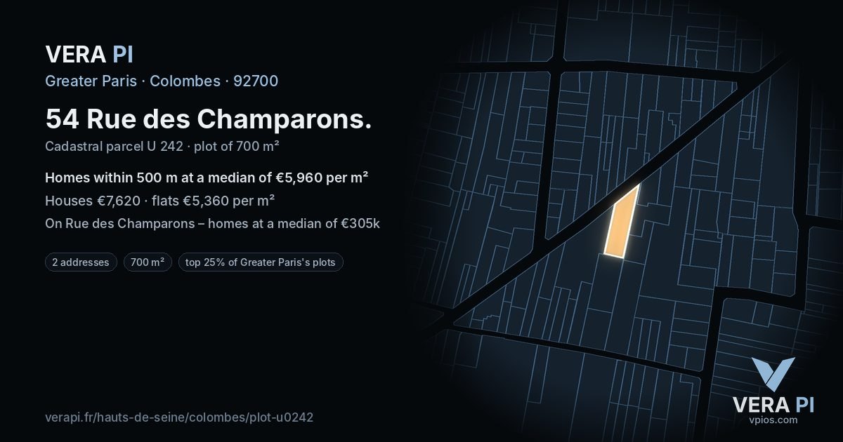 54 Rue des Champarons, Colombes at night – the plot lit, the parcels around coloured by the prices near them