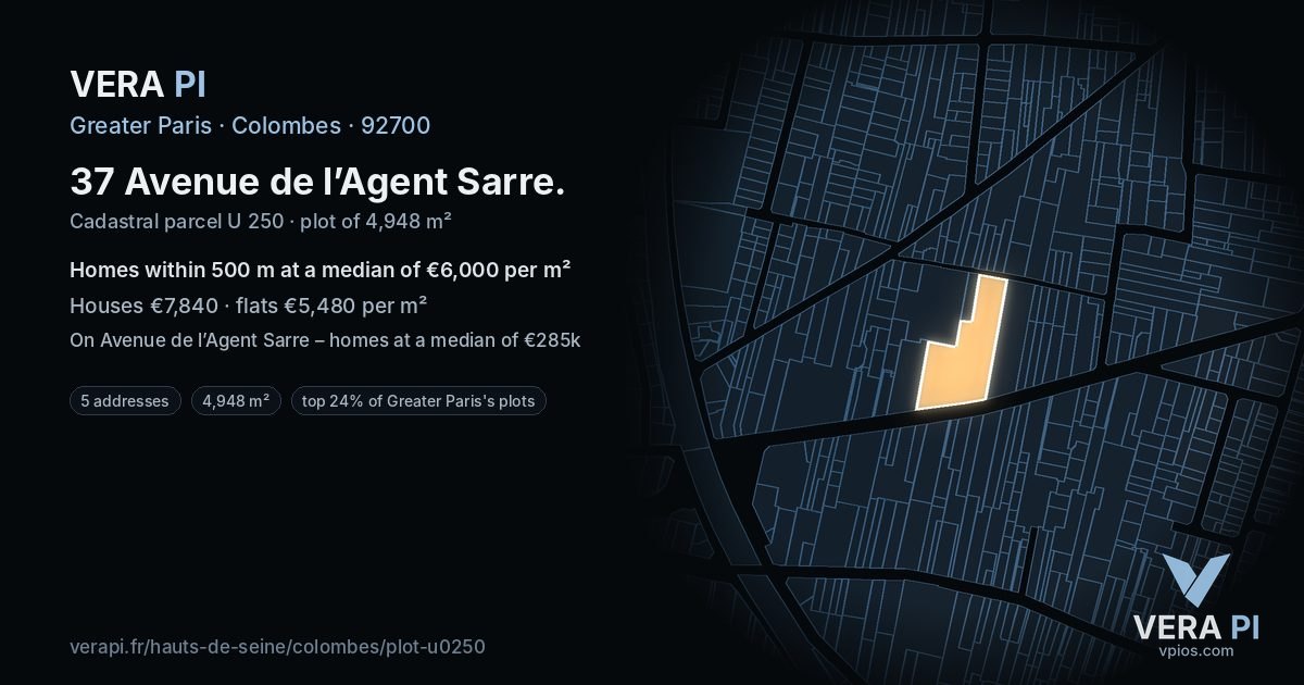 37 Avenue de l’Agent Sarre, Colombes at night – the plot lit, the parcels around coloured by the prices near them