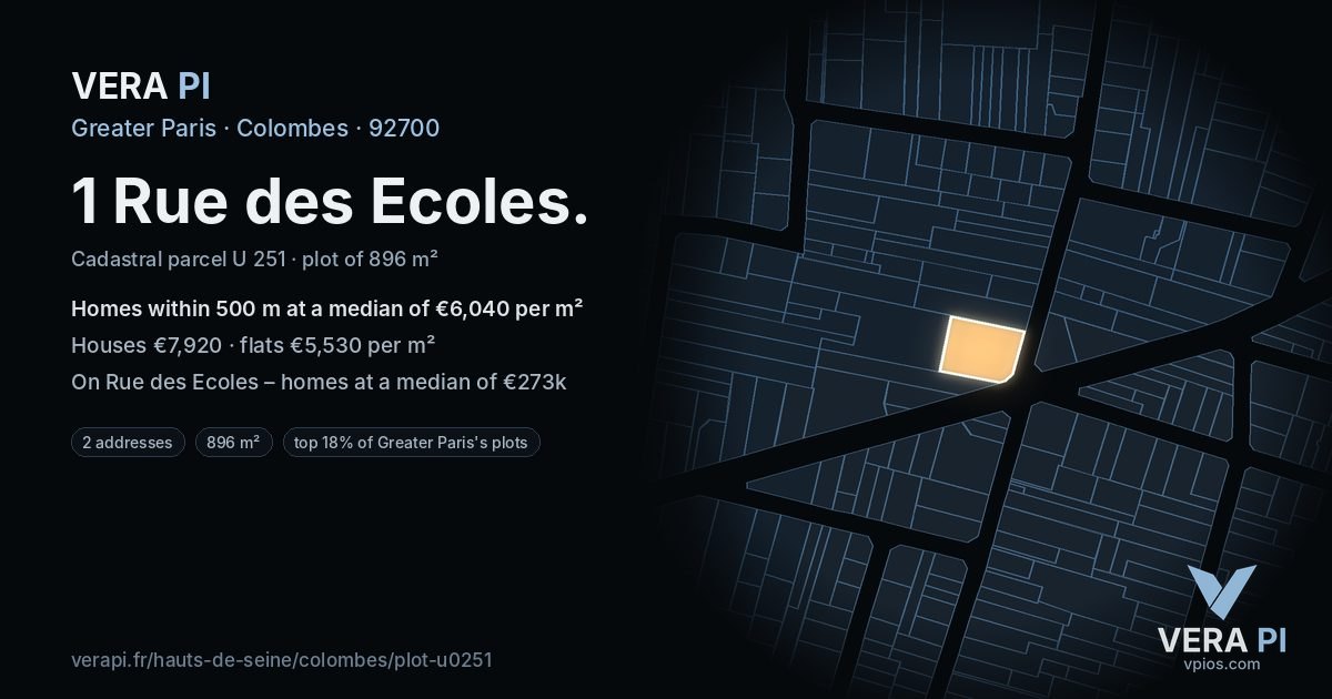 1 Rue des Ecoles, Colombes at night – the plot lit, the parcels around coloured by the prices near them