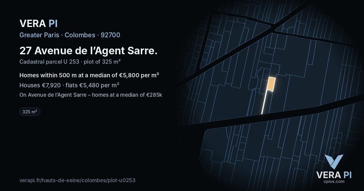 27 Avenue de l’Agent Sarre, Colombes at night – the plot lit, the parcels around coloured by the prices near them
