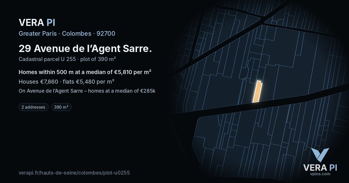 29 Avenue de l’Agent Sarre, Colombes at night – the plot lit, the parcels around coloured by the prices near them
