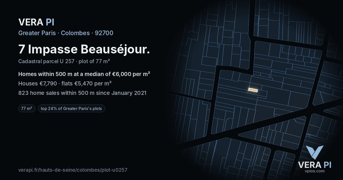 7 Impasse Beauséjour, Colombes at night – the plot lit, the parcels around coloured by the prices near them