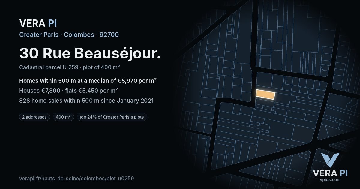 30 Rue Beauséjour, Colombes at night – the plot lit, the parcels around coloured by the prices near them