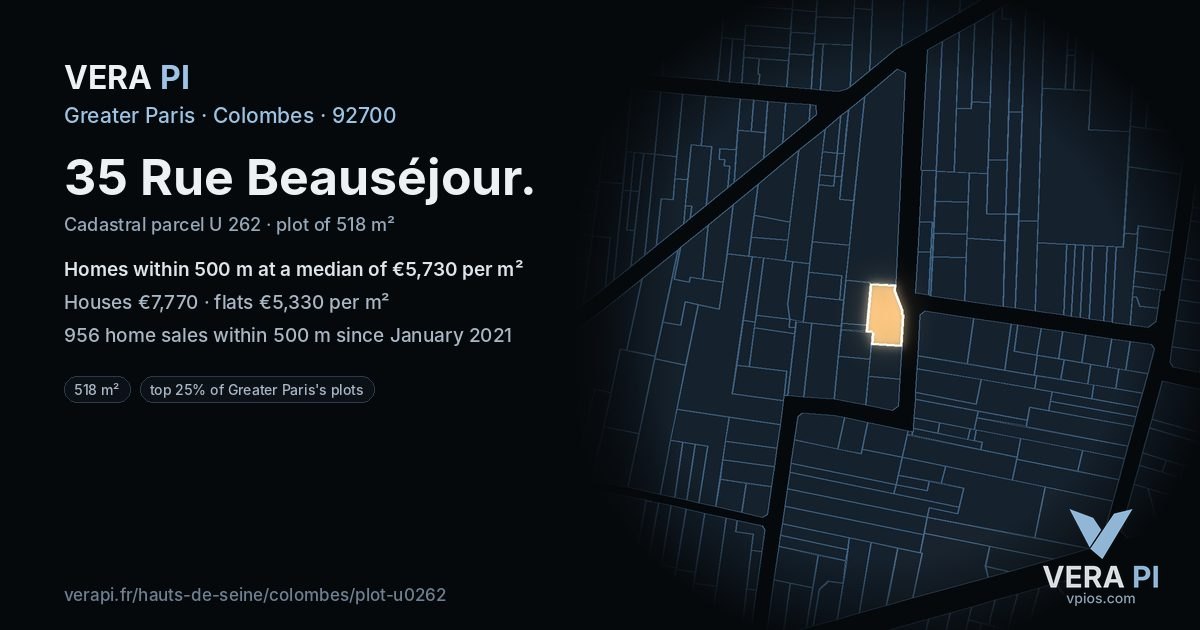 35 Rue Beauséjour, Colombes at night – the plot lit, the parcels around coloured by the prices near them