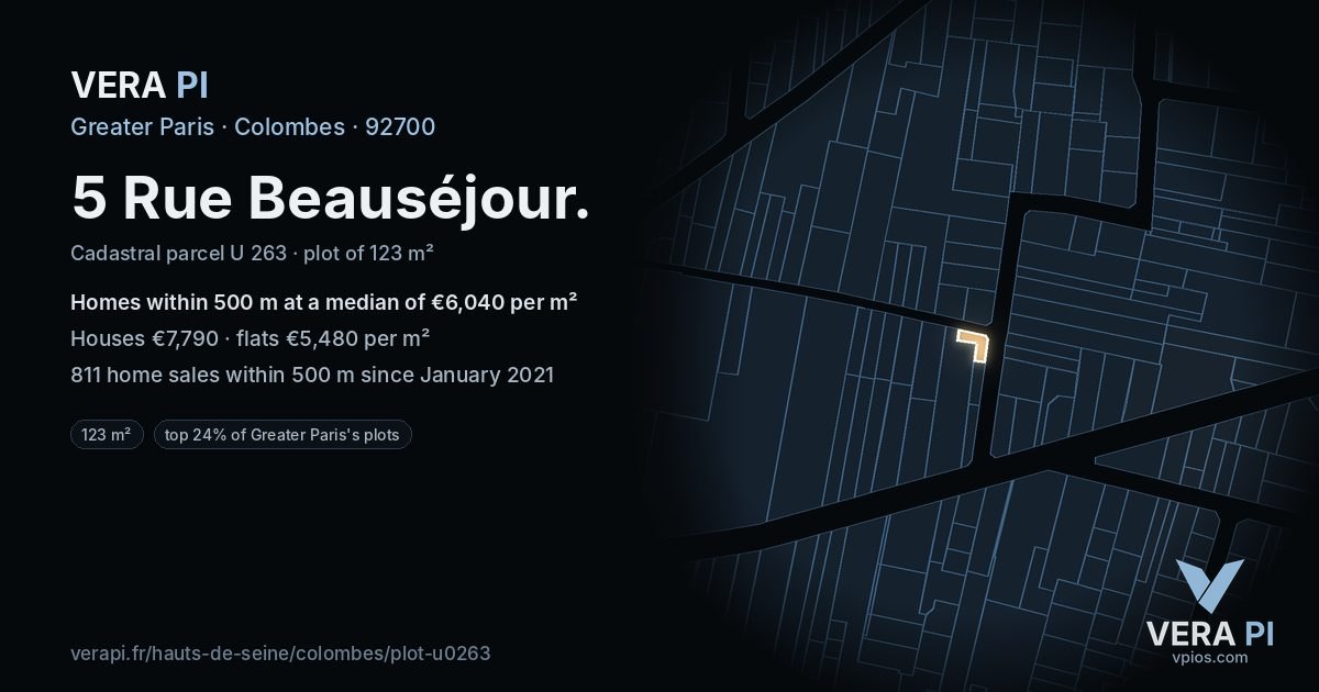 5 Rue Beauséjour, Colombes at night – the plot lit, the parcels around coloured by the prices near them