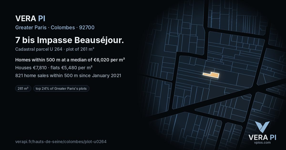 7 bis Impasse Beauséjour, Colombes at night – the plot lit, the parcels around coloured by the prices near them