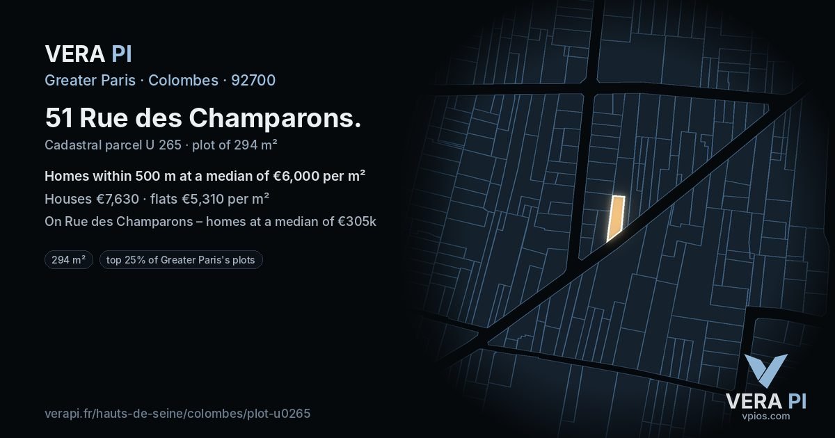 51 Rue des Champarons, Colombes at night – the plot lit, the parcels around coloured by the prices near them