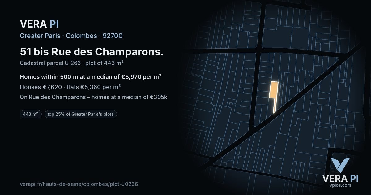 51 bis Rue des Champarons, Colombes at night – the plot lit, the parcels around coloured by the prices near them