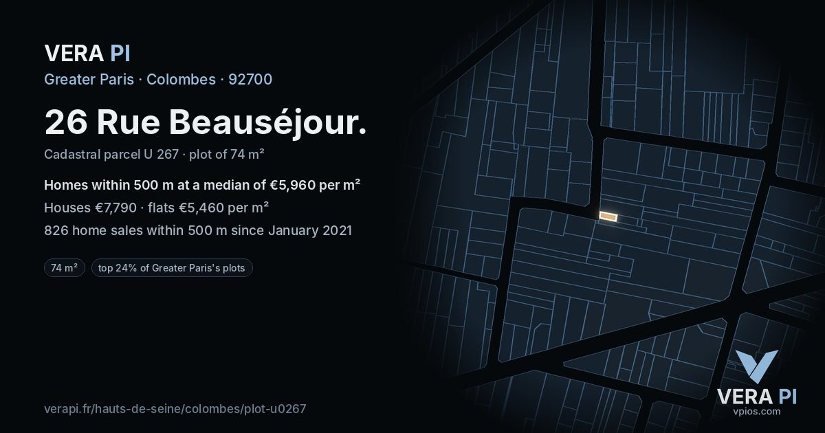 26 Rue Beauséjour, Colombes at night – the plot lit, the parcels around coloured by the prices near them