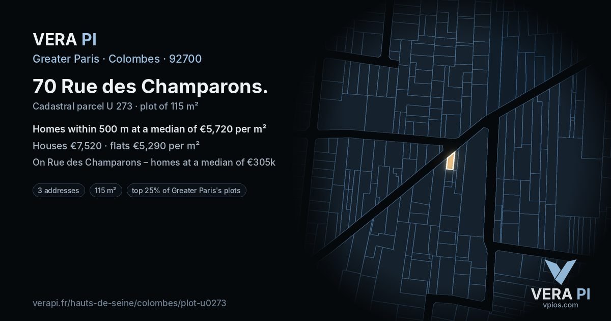 70 Rue des Champarons, Colombes at night – the plot lit, the parcels around coloured by the prices near them