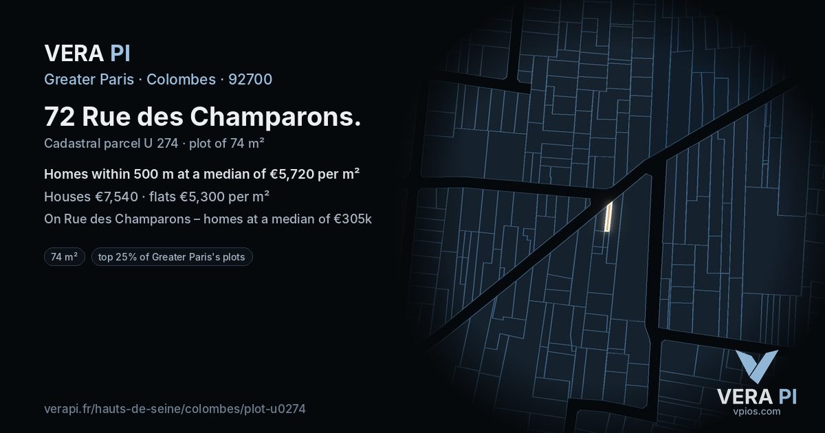 72 Rue des Champarons, Colombes at night – the plot lit, the parcels around coloured by the prices near them