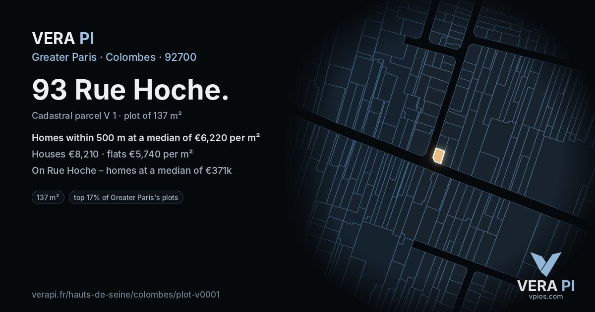 93 Rue Hoche, Colombes at night – the plot lit, the parcels around coloured by the prices near them