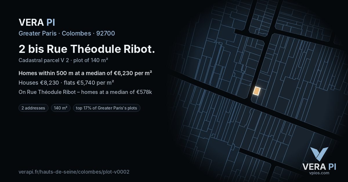 2 bis Rue Théodule Ribot, Colombes at night – the plot lit, the parcels around coloured by the prices near them