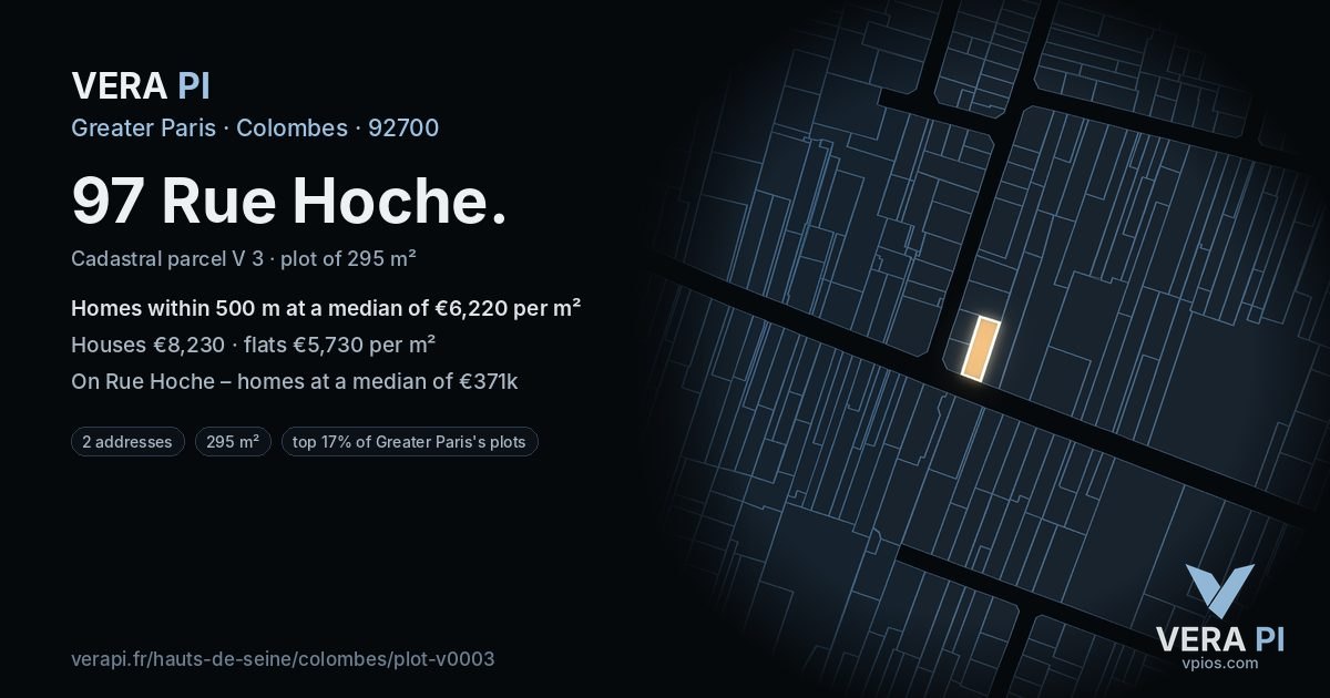 97 Rue Hoche, Colombes at night – the plot lit, the parcels around coloured by the prices near them