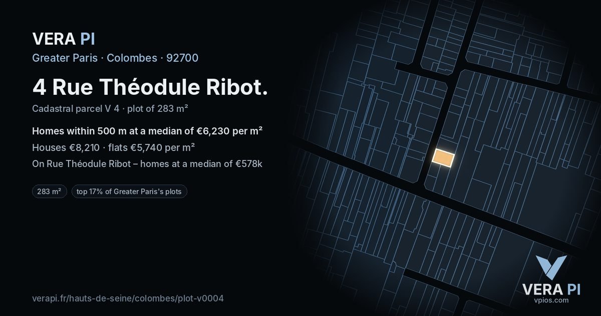 4 Rue Théodule Ribot, Colombes at night – the plot lit, the parcels around coloured by the prices near them