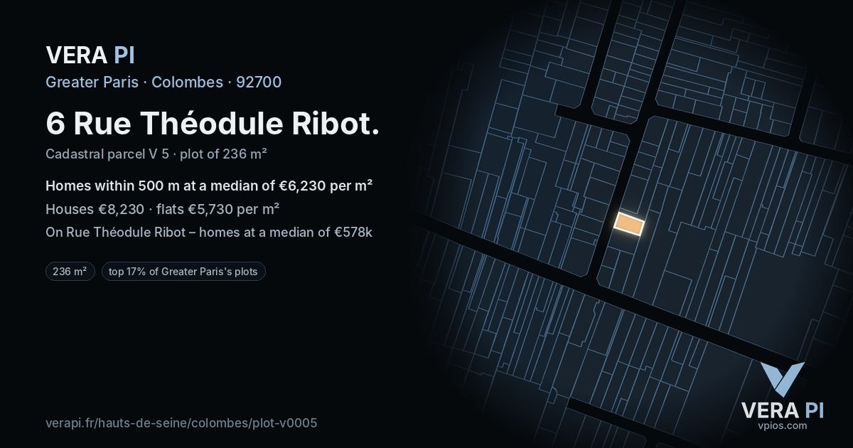 6 Rue Théodule Ribot, Colombes at night – the plot lit, the parcels around coloured by the prices near them