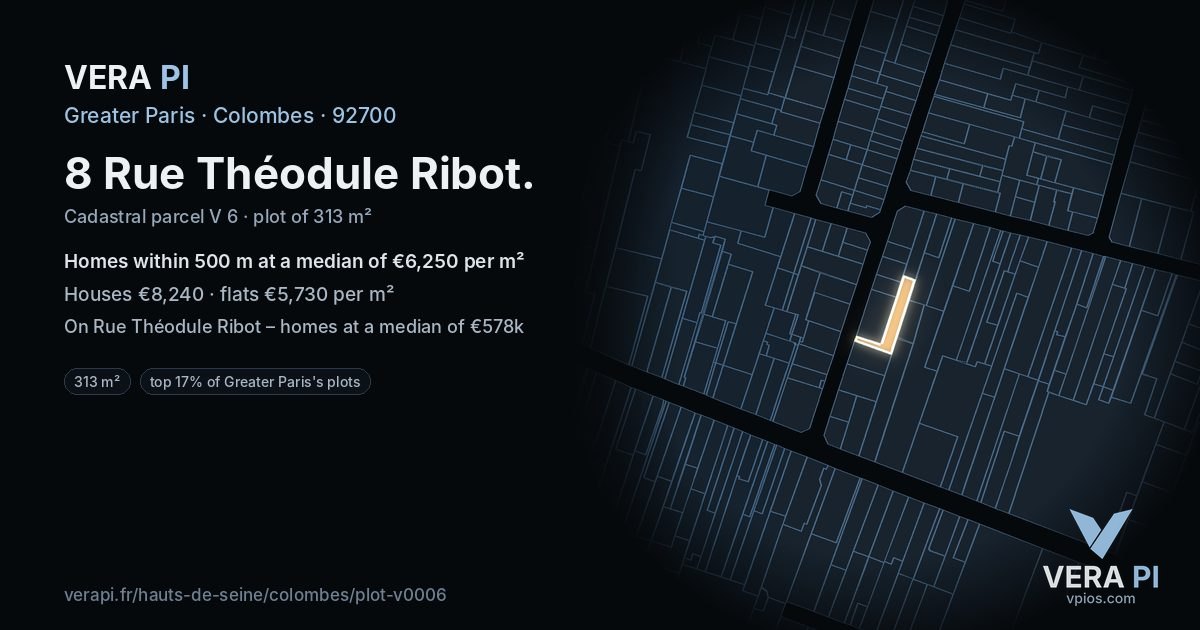 8 Rue Théodule Ribot, Colombes at night – the plot lit, the parcels around coloured by the prices near them