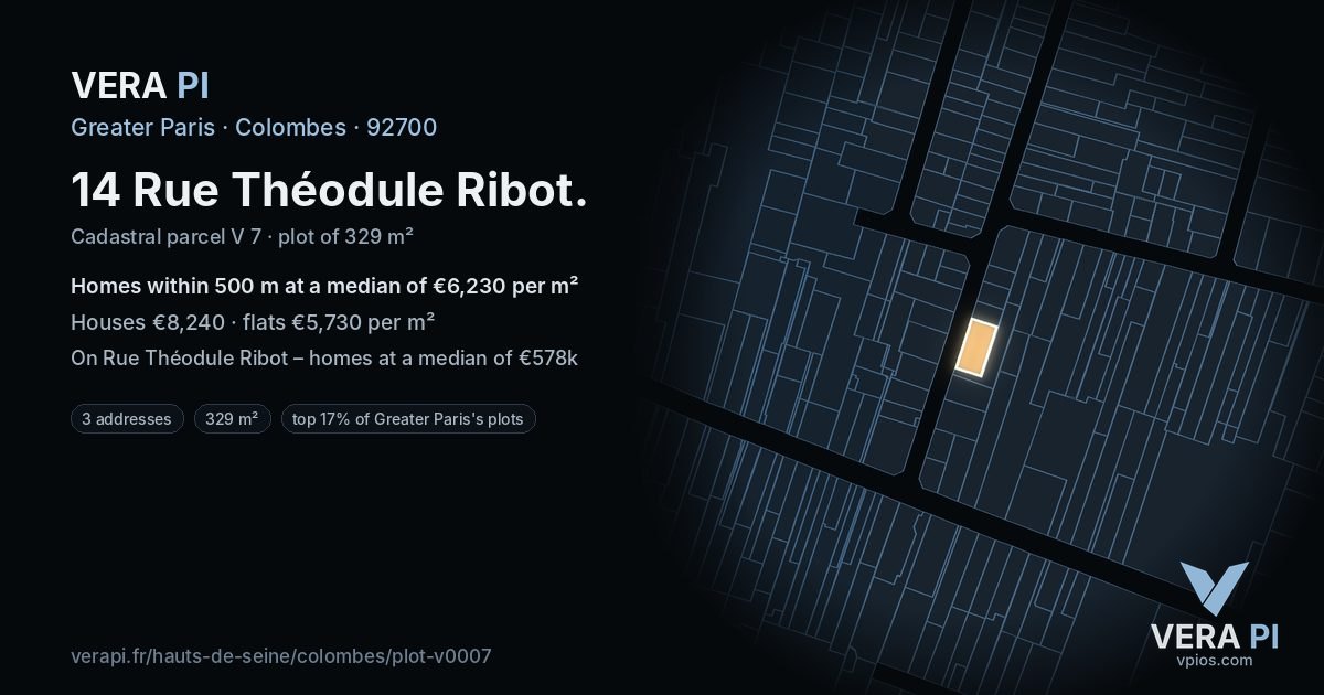 14 Rue Théodule Ribot, Colombes at night – the plot lit, the parcels around coloured by the prices near them
