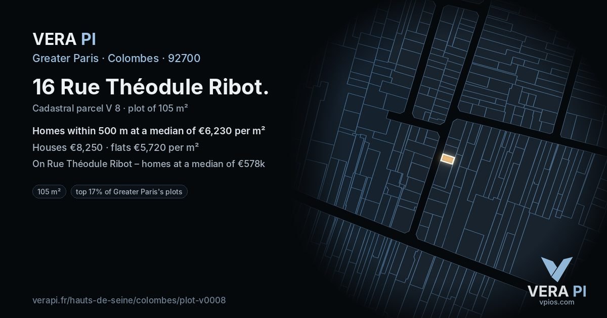 16 Rue Théodule Ribot, Colombes at night – the plot lit, the parcels around coloured by the prices near them