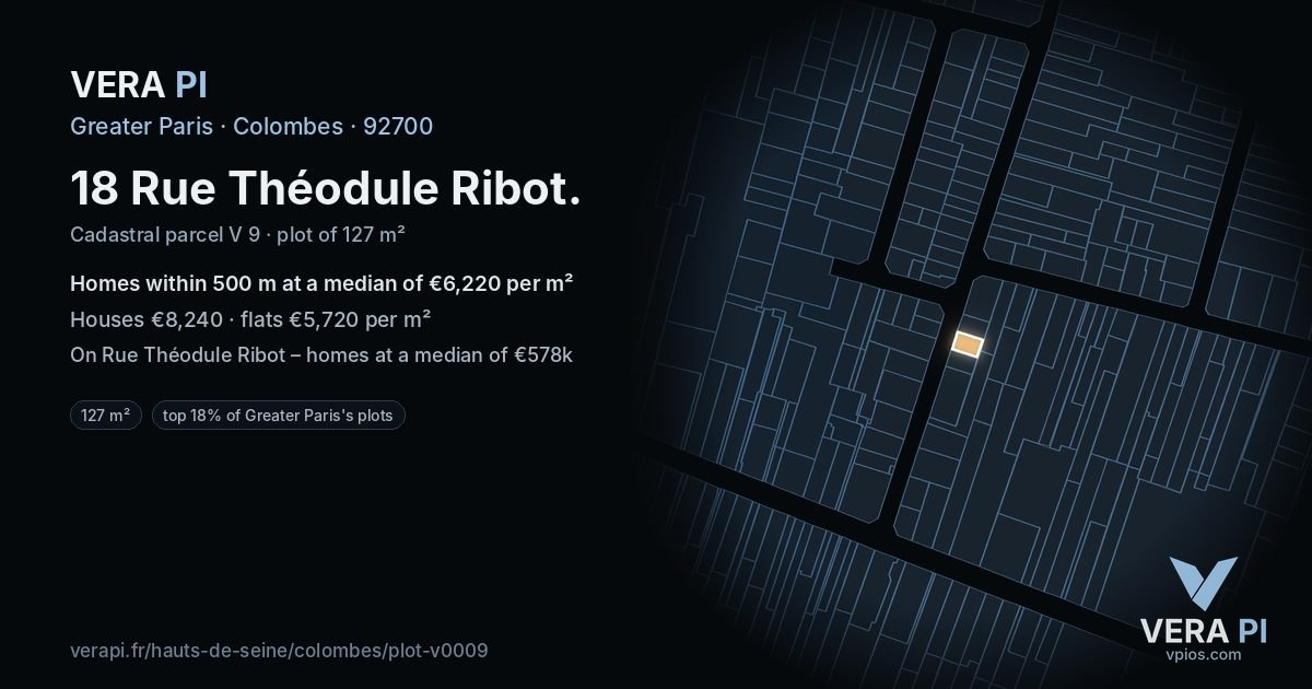 18 Rue Théodule Ribot, Colombes at night – the plot lit, the parcels around coloured by the prices near them