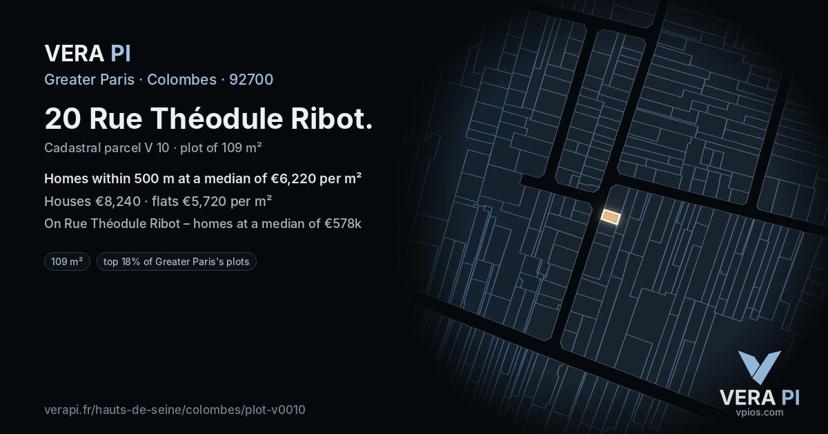 20 Rue Théodule Ribot, Colombes at night – the plot lit, the parcels around coloured by the prices near them