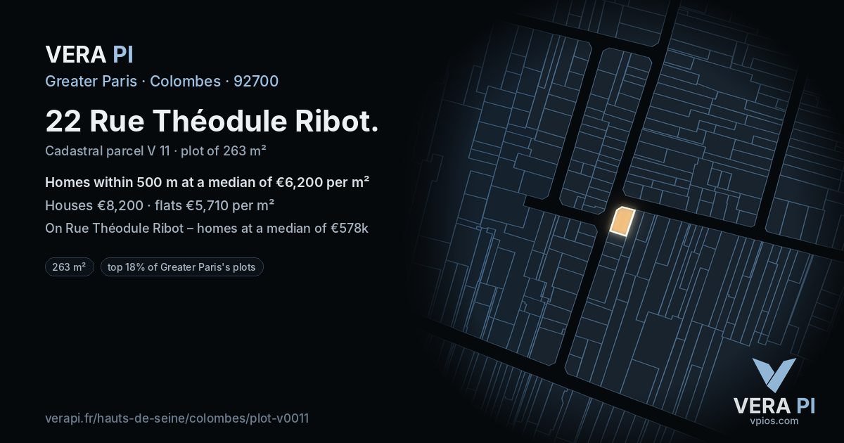 22 Rue Théodule Ribot, Colombes at night – the plot lit, the parcels around coloured by the prices near them