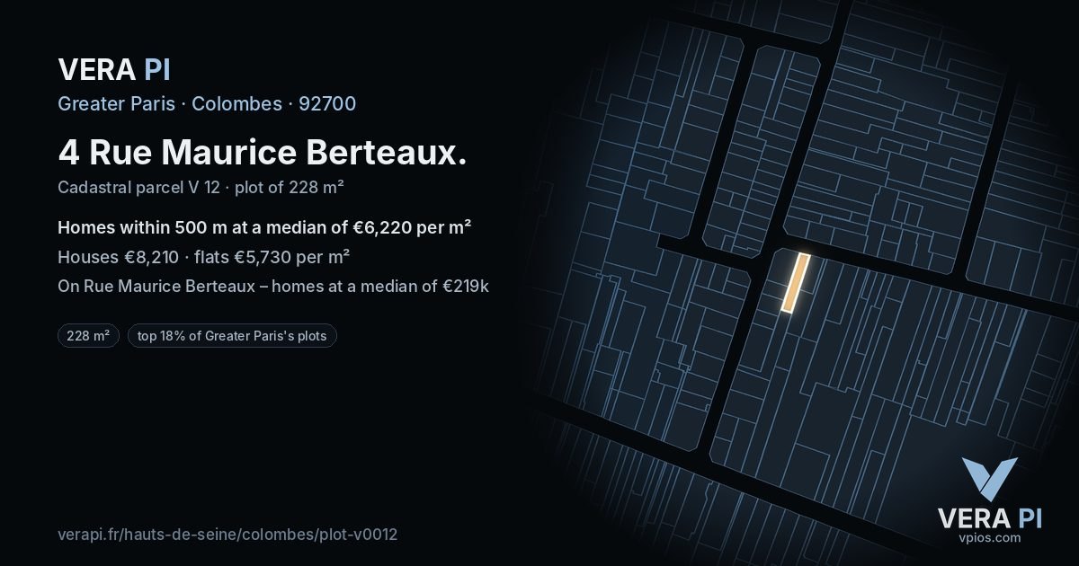 4 Rue Maurice Berteaux, Colombes at night – the plot lit, the parcels around coloured by the prices near them