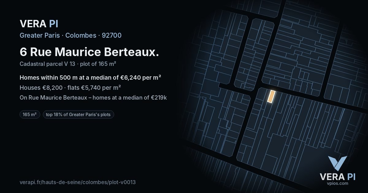 6 Rue Maurice Berteaux, Colombes at night – the plot lit, the parcels around coloured by the prices near them