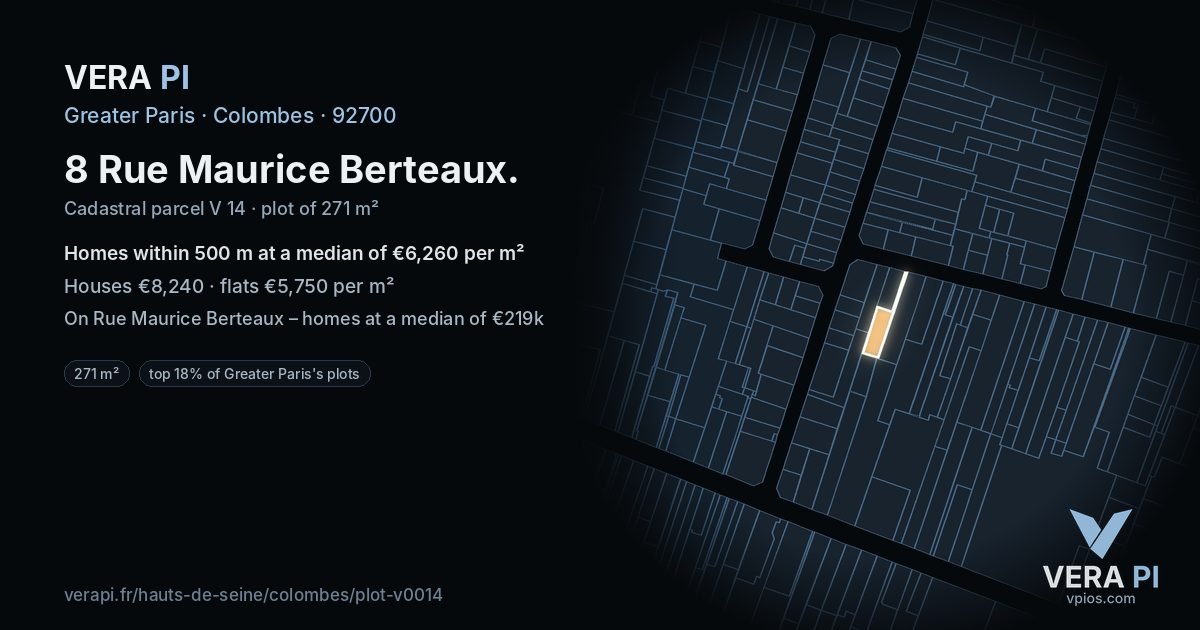 8 Rue Maurice Berteaux, Colombes at night – the plot lit, the parcels around coloured by the prices near them