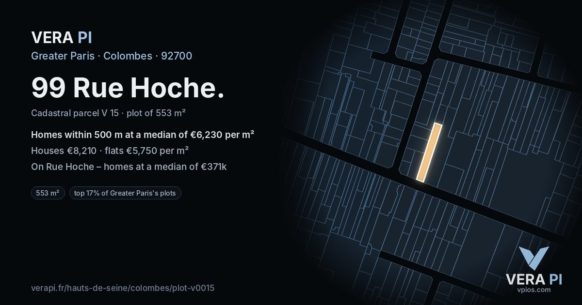 99 Rue Hoche, Colombes at night – the plot lit, the parcels around coloured by the prices near them