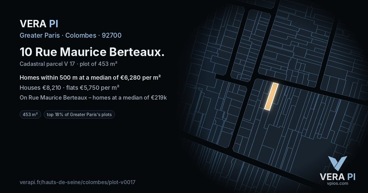 10 Rue Maurice Berteaux, Colombes at night – the plot lit, the parcels around coloured by the prices near them