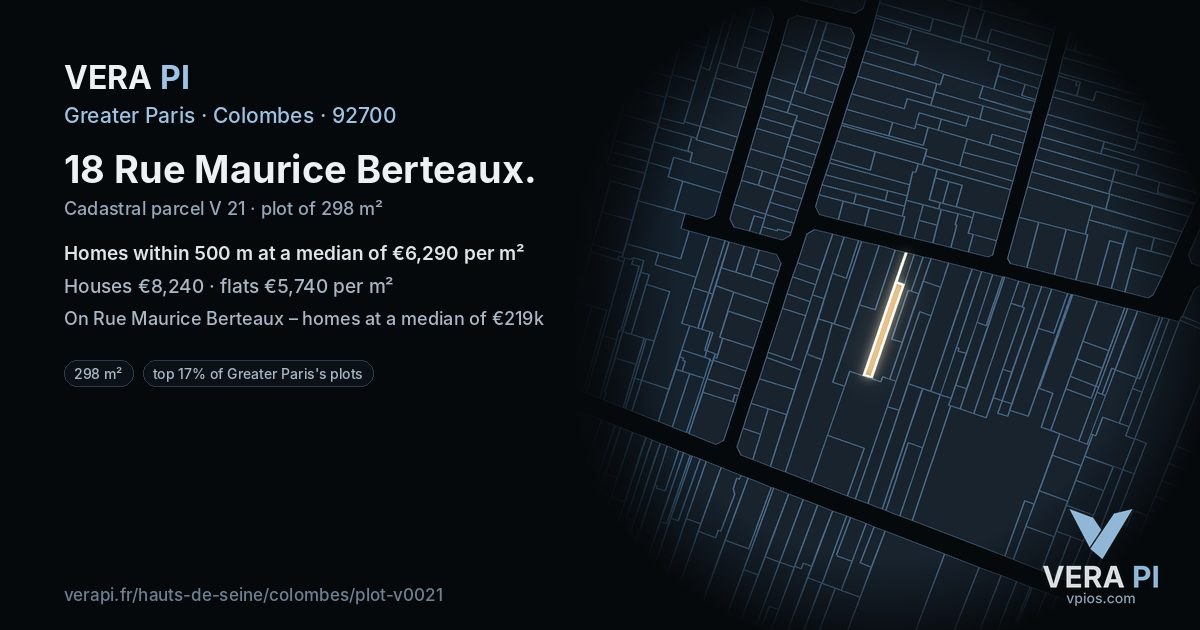 18 Rue Maurice Berteaux, Colombes at night – the plot lit, the parcels around coloured by the prices near them