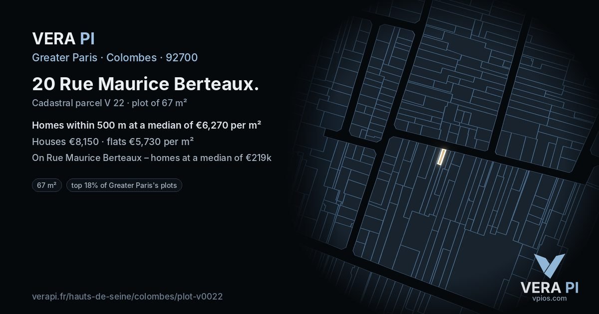 20 Rue Maurice Berteaux, Colombes at night – the plot lit, the parcels around coloured by the prices near them