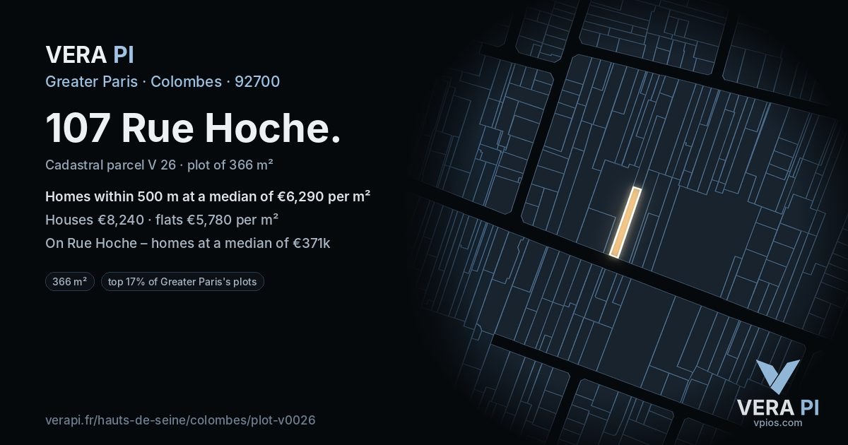 107 Rue Hoche, Colombes at night – the plot lit, the parcels around coloured by the prices near them