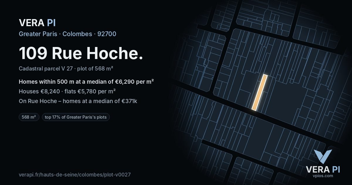 109 Rue Hoche, Colombes at night – the plot lit, the parcels around coloured by the prices near them