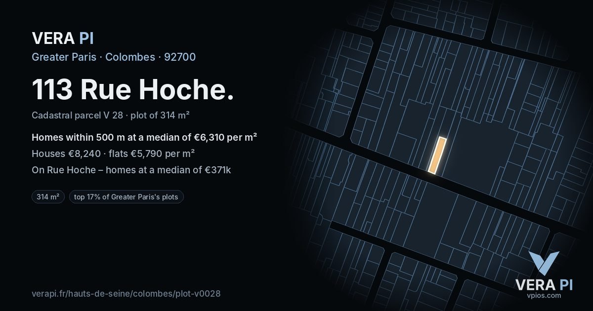 113 Rue Hoche, Colombes at night – the plot lit, the parcels around coloured by the prices near them
