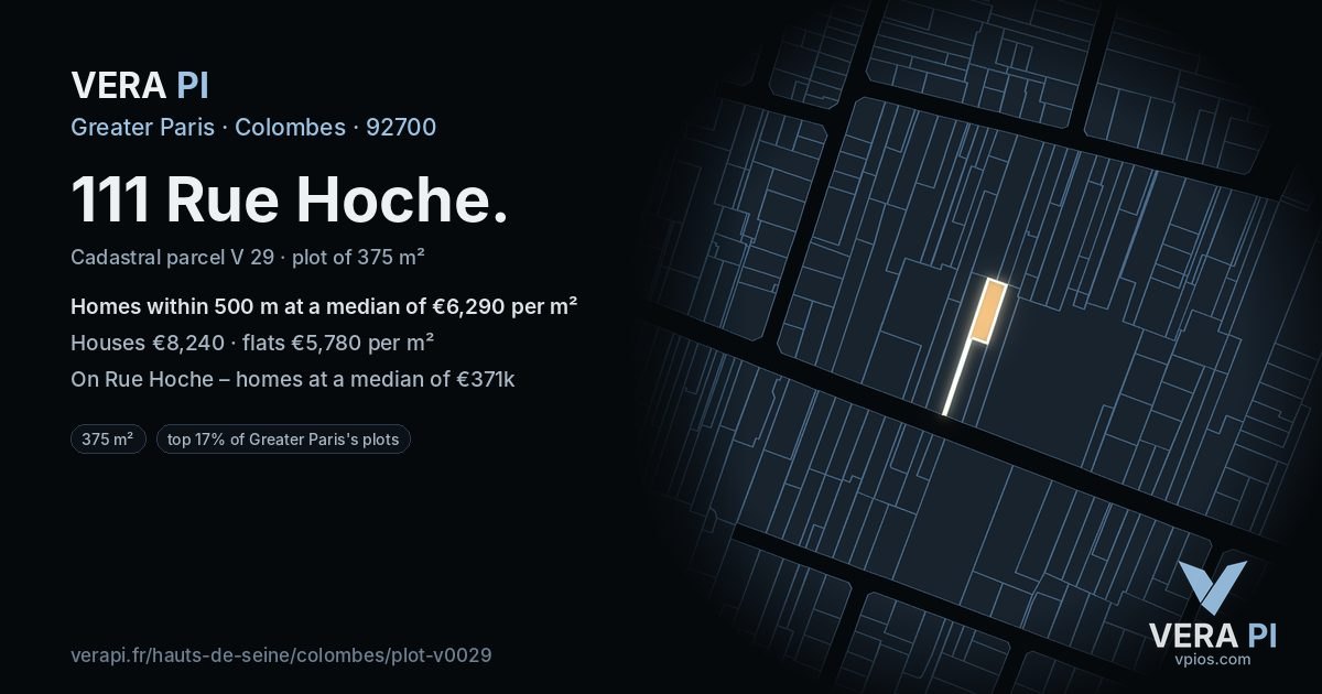 111 Rue Hoche, Colombes at night – the plot lit, the parcels around coloured by the prices near them