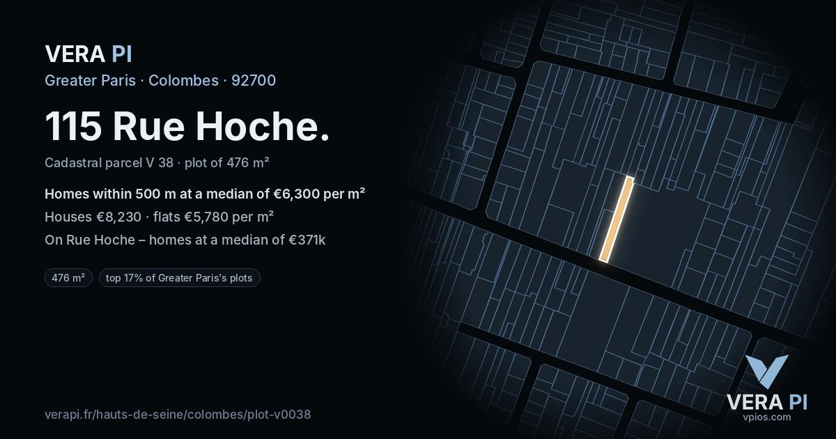 115 Rue Hoche, Colombes at night – the plot lit, the parcels around coloured by the prices near them