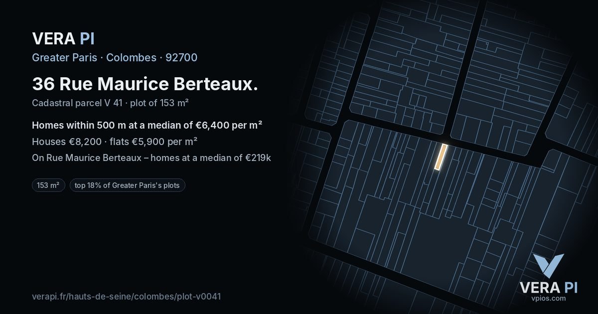 36 Rue Maurice Berteaux, Colombes at night – the plot lit, the parcels around coloured by the prices near them