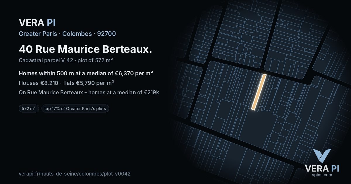40 Rue Maurice Berteaux, Colombes at night – the plot lit, the parcels around coloured by the prices near them
