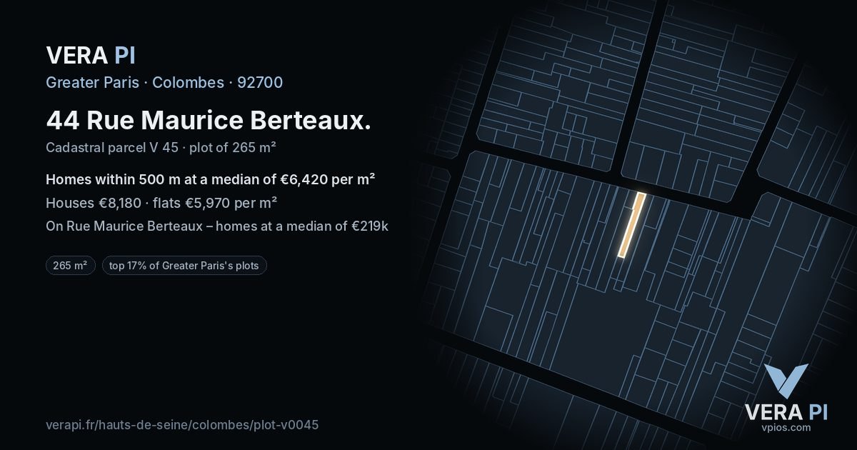 44 Rue Maurice Berteaux, Colombes at night – the plot lit, the parcels around coloured by the prices near them