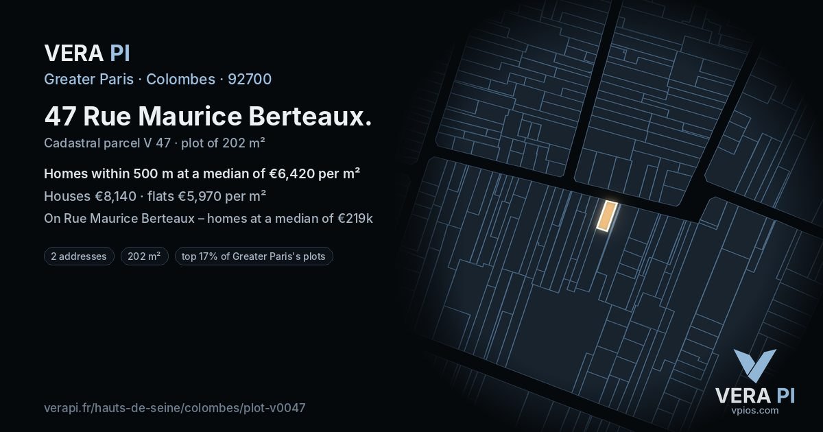 47 Rue Maurice Berteaux, Colombes at night – the plot lit, the parcels around coloured by the prices near them