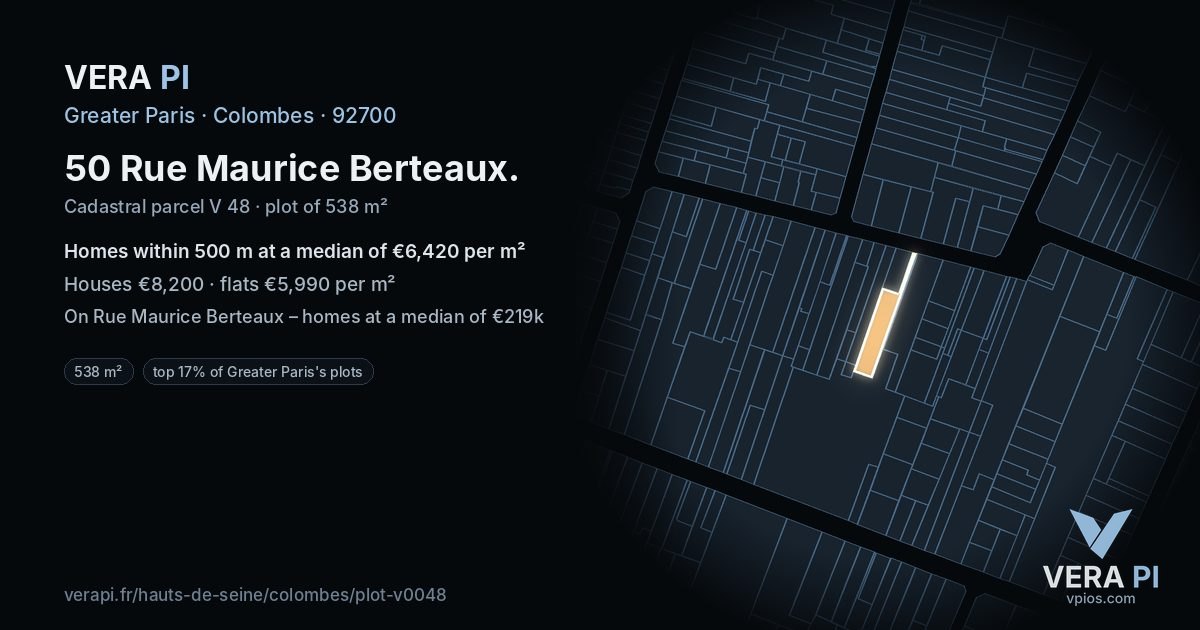 50 Rue Maurice Berteaux, Colombes at night – the plot lit, the parcels around coloured by the prices near them