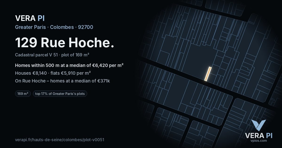 129 Rue Hoche, Colombes at night – the plot lit, the parcels around coloured by the prices near them