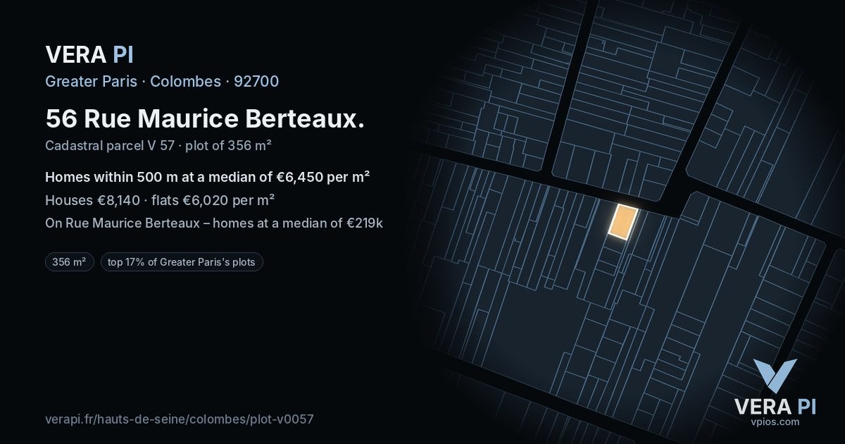 56 Rue Maurice Berteaux, Colombes at night – the plot lit, the parcels around coloured by the prices near them